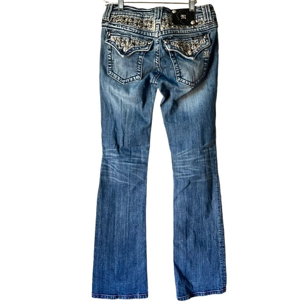Miss Me JP6151B Boot Cut Low Rise Jeans Crystal Studded Flap Pockets medium wash